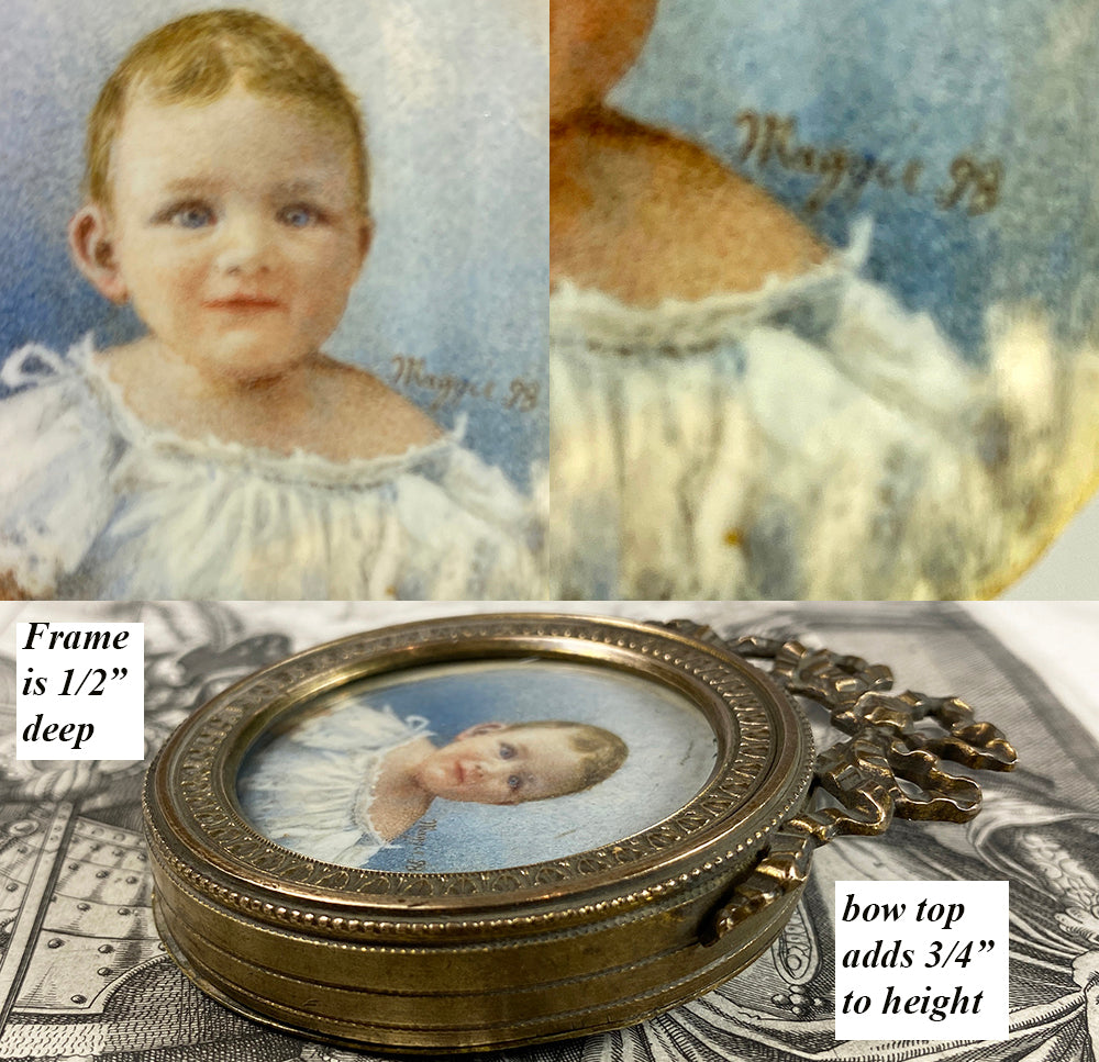 Antique French c.1898 Signed Portrait Miniature of Baby, Child, Bronze Bow Top Easel Frame