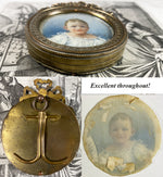 Antique French c.1898 Signed Portrait Miniature of Baby, Child, Bronze Bow Top Easel Frame
