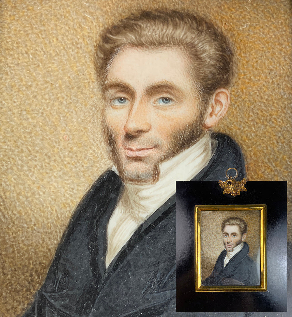 Antique Georgian Era Portrait Miniature of a Handsome Young Man, Blue Eyes, Beard