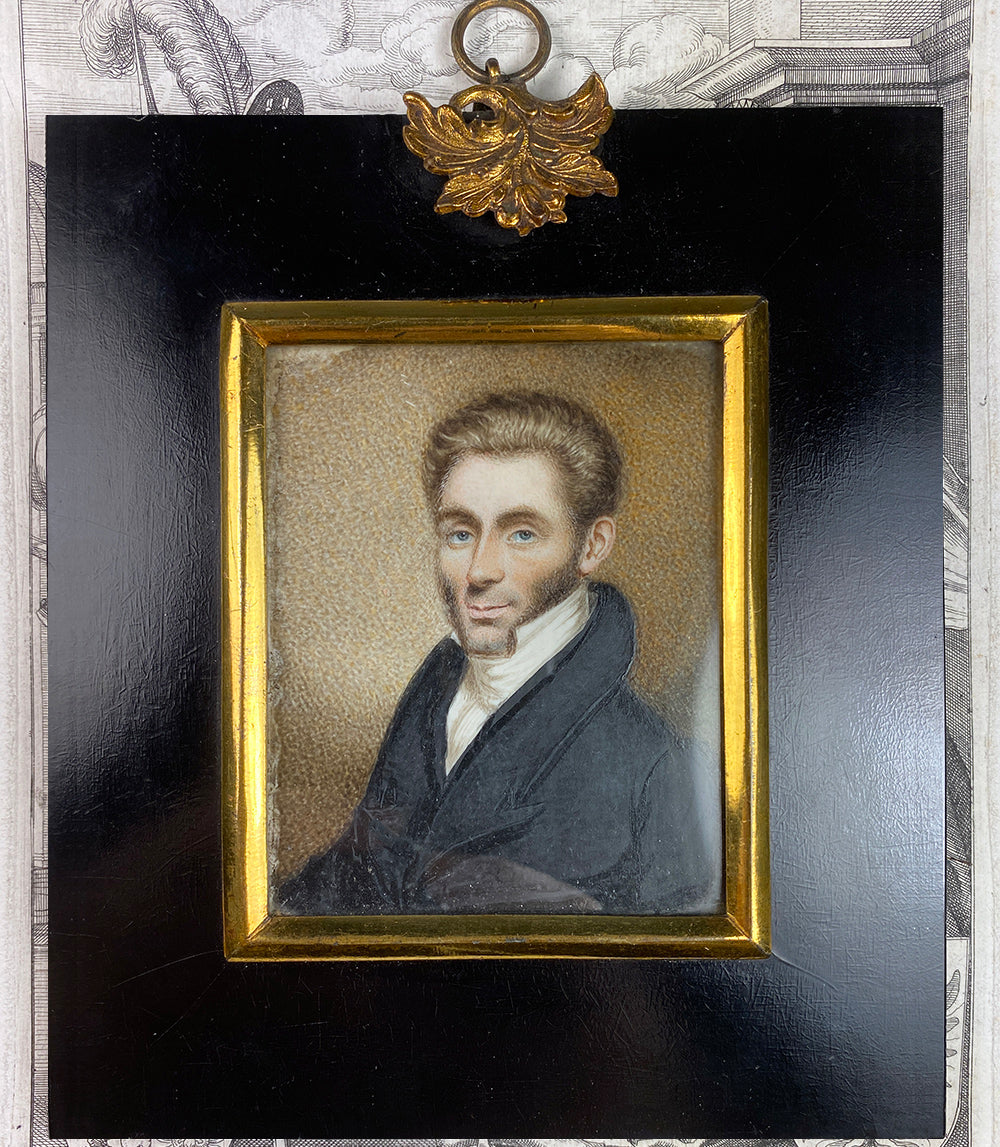 Antique Georgian Era Portrait Miniature of a Handsome Young Man, Blue Eyes, Beard
