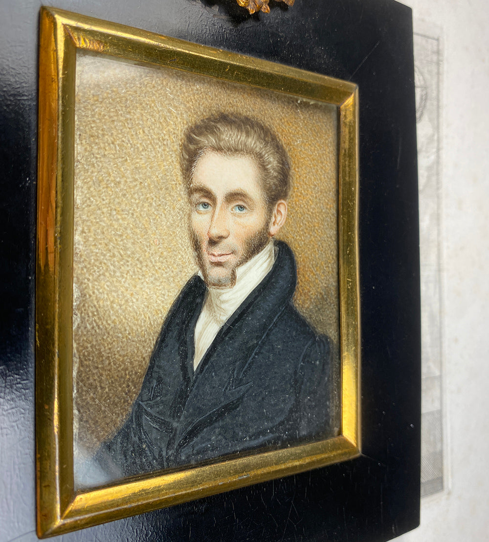 Antique Georgian Era Portrait Miniature of a Handsome Young Man, Blue Eyes, Beard