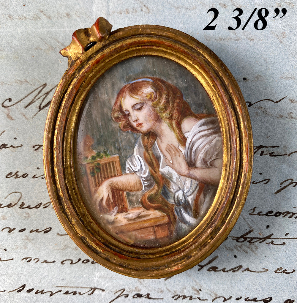 Antique French Portrait Miniature, Interior, Young Woman with Dead Bird, Dove, Wood Frame