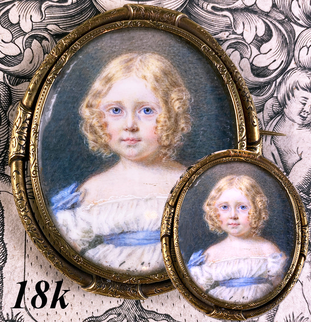 Rare Antique 18k Gold Brooch Pendant, Portrait Miniature of Beautiful Blond Child, Girl on Mother of Pearl