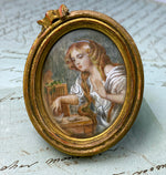Antique French Portrait Miniature, Interior, Young Woman with Dead Bird, Dove, Wood Frame