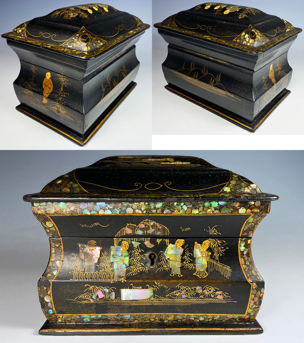 Antique Victorian Era Papier Mâché Jewelry Box, Inlaid Mother of Pearl, Oriental Theme, Monks
