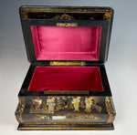Antique Victorian Era Papier Mâché Jewelry Box, Inlaid Mother of Pearl, Oriental Theme, Monks
