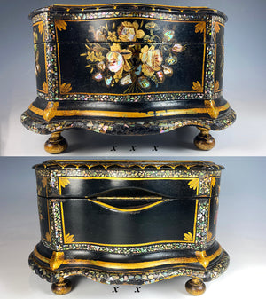 Fine Antique French Papier Mache Look Jewelry Box, Mother of Pearl and Hand Painted