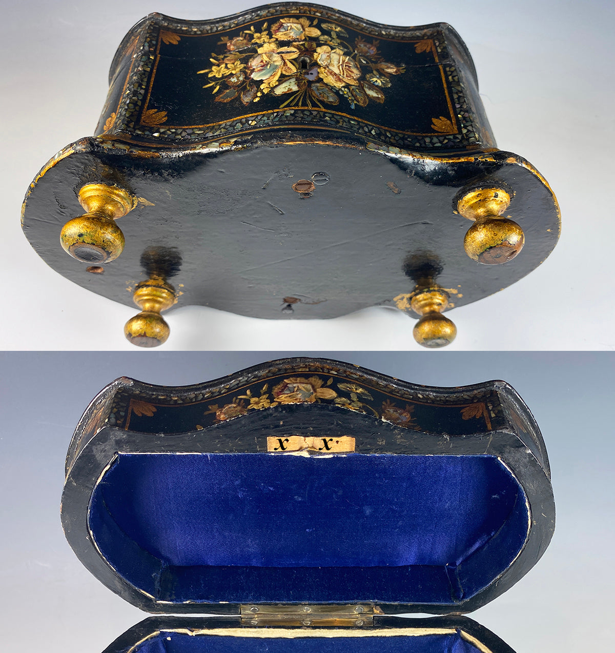 Fine Antique French Papier Mache Look Jewelry Box, Mother of Pearl and Hand Painted