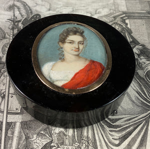 Antique French Portrait Miniature Snuff Box, 18k Mount on 3" Diam Box c. 1795 - 1800