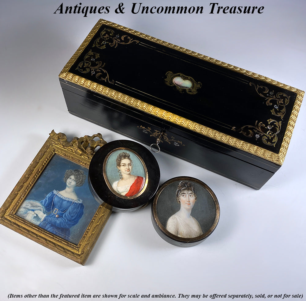 Antique French Portrait Miniature Snuff Box, 18k Mount on 3" Diam Box c. 1795 - 1800