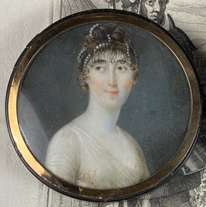 Antique French Portrait Miniature Snuff Box, 18k Gold Mat, Id'd Daughter of Guard of Louis XVI