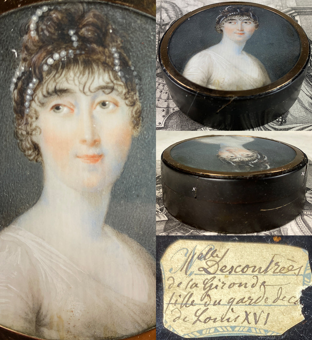 Antique French Portrait Miniature Snuff Box, 18k Gold Mat, Id'd Daughter of Guard of Louis XVI