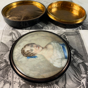 Antique French Portrait Miniature Snuff Box, c.1820, Beautiful Blond, 18k Gold Lined Box