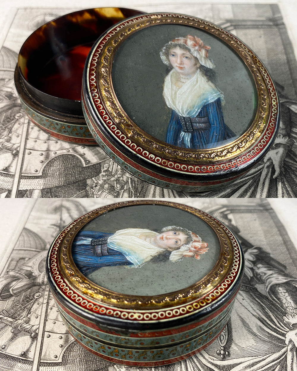 Rare c.1770 French Vernis Martin Portrait Miniature Snuff Box, 18k Gold Mat, Excellent!