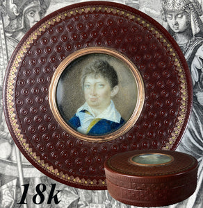 Rare c.1790-1820 French Snuff Box, 18k Pique, Mat, Portrait Miniature of a Young Boy, Child