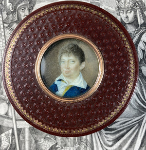 Rare c.1790-1820 French Snuff Box, 18k Pique, Mat, Portrait Miniature of a Young Boy, Child