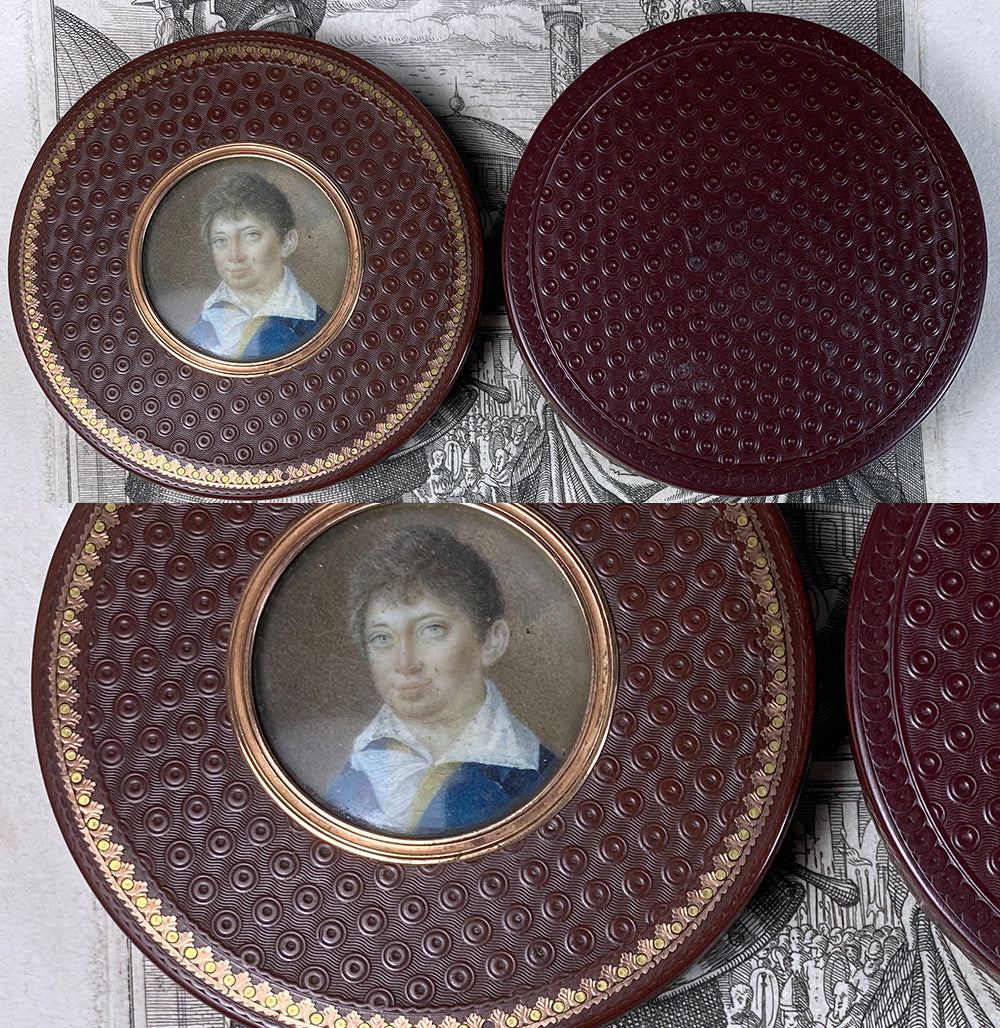 Rare c.1790-1820 French Snuff Box, 18k Pique, Mat, Portrait Miniature of a Young Boy, Child