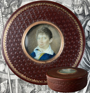 Rare c.1790-1820 French Snuff Box, 18k Pique, Mat, Portrait Miniature of a Young Boy, Child