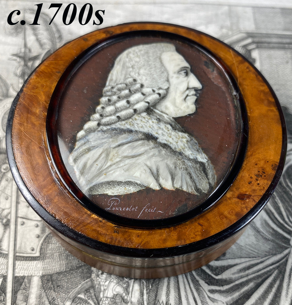 Antique French Burled Snuff Box, Portrait Miniature of a Judge or Avocat, Lawyer, c.1740s, Artist Signed