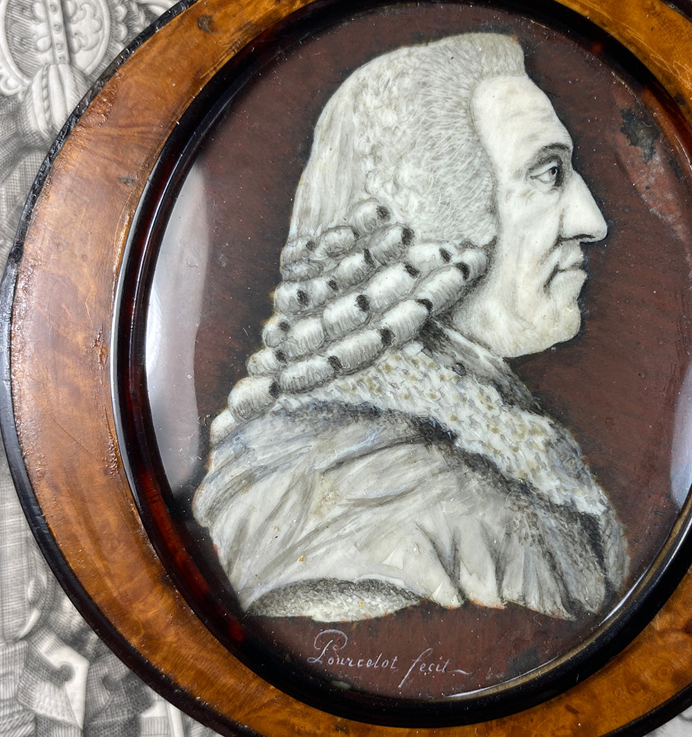 Antique French Burled Snuff Box, Portrait Miniature of a Judge or Avocat, Lawyer, c.1740s, Artist Signed