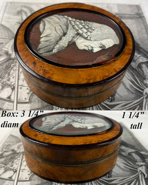 Antique French Burled Snuff Box, Portrait Miniature of a Judge or Avocat, Lawyer, c.1740s, Artist Signed