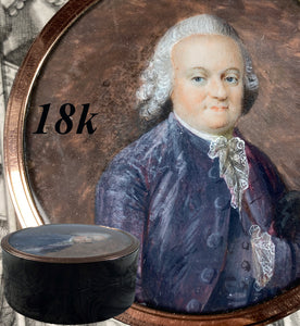 Superb Rare c.1750s to 1770s French Portrait Miniature, 18k Gold Rim, Gentleman in Powdered Wig
