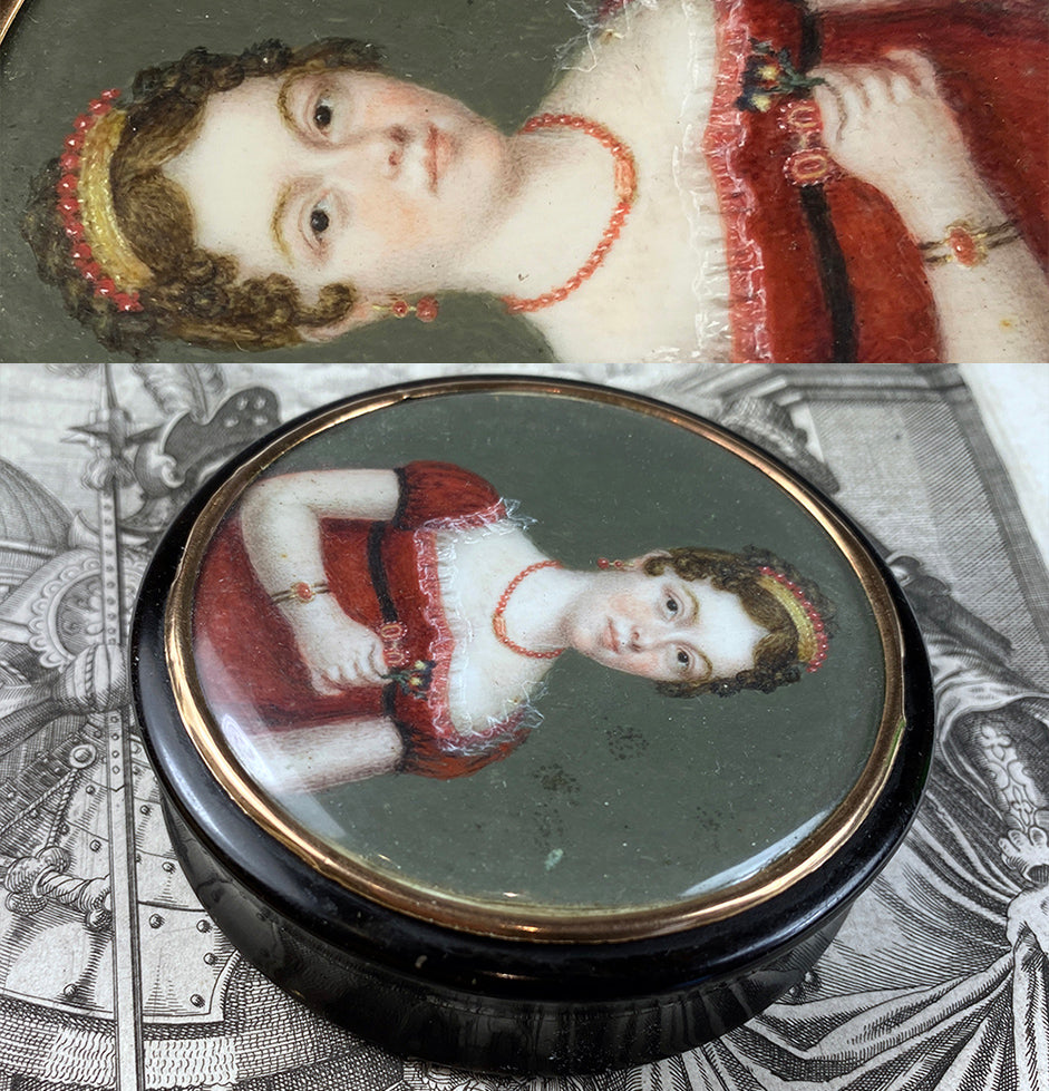 Antique French Empire Portrait Miniature Snuff, Woman in Palais Royal Jewelry, Red Coral Tiara, 18k