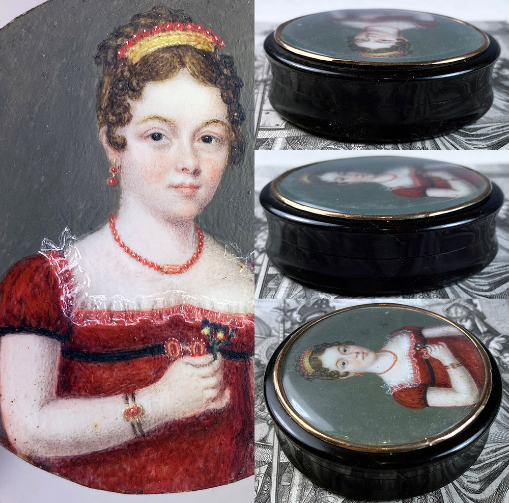 Antique French Empire Portrait Miniature Snuff, Woman in Palais Royal Jewelry, Red Coral Tiara, 18k