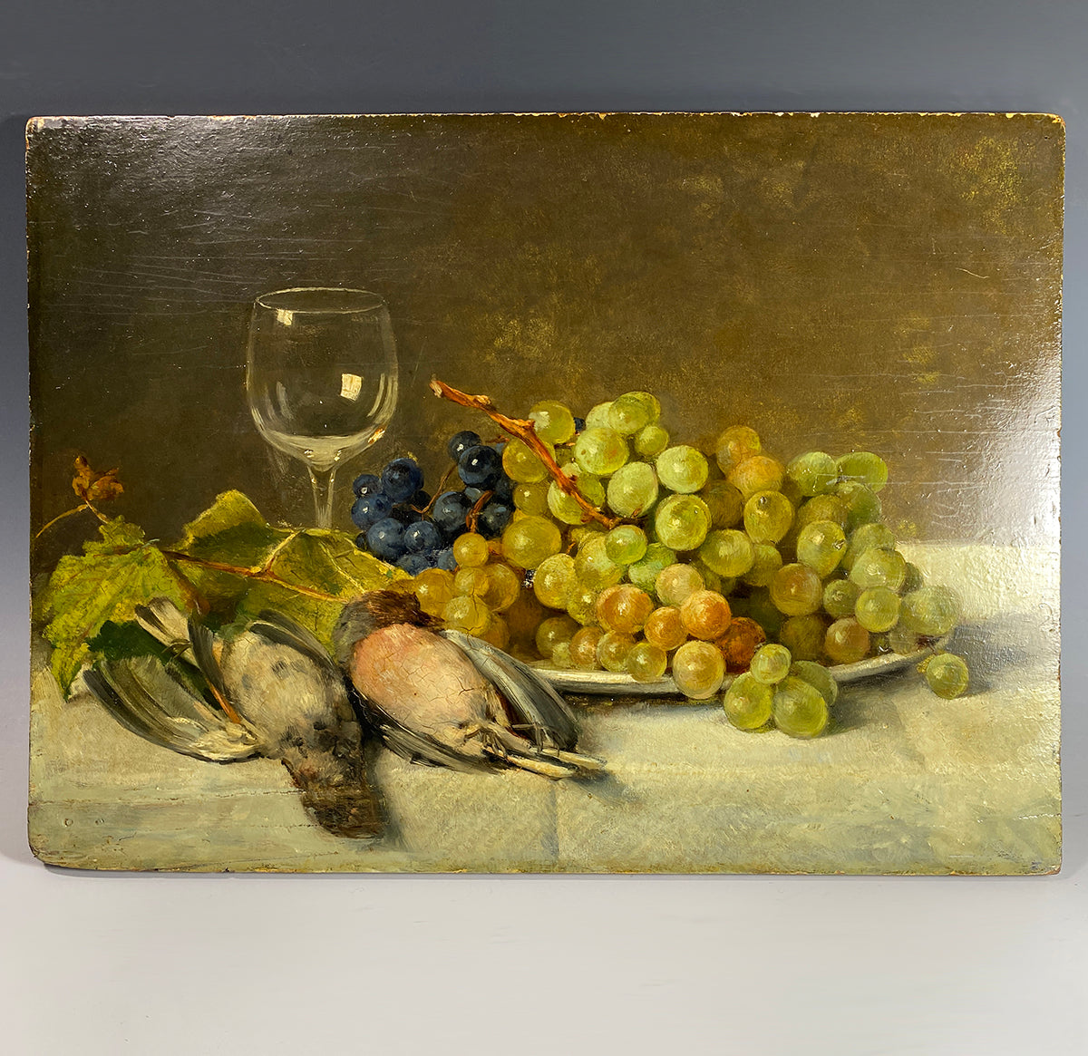 Superb Antique Nature Morte, Still Life Oil Painting on Board, Signed by Artist, Birds Fruit