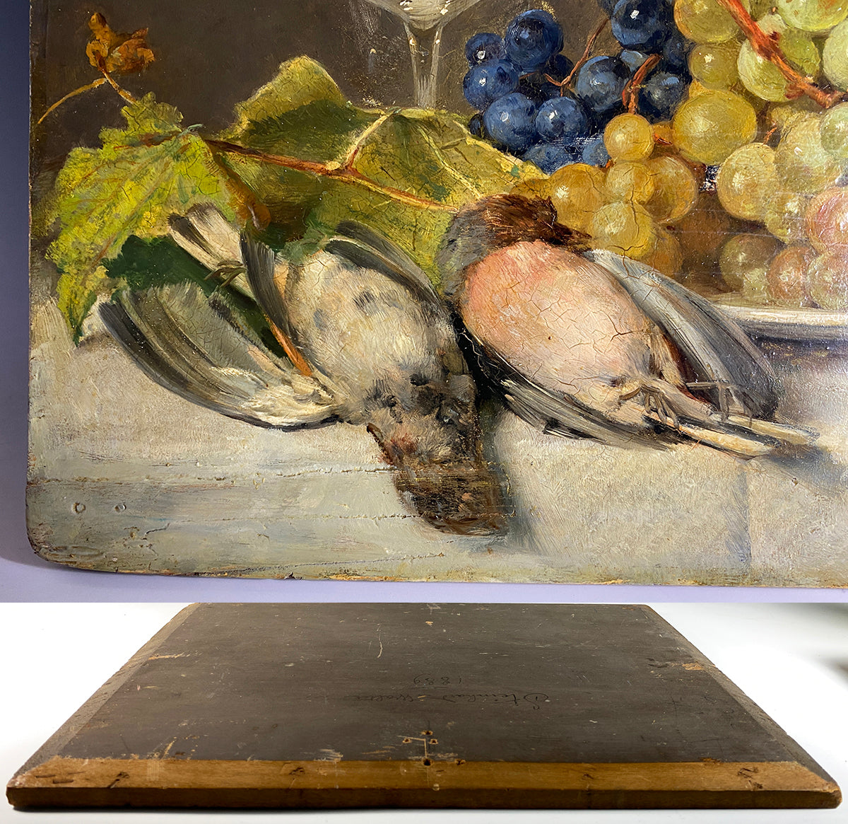 Superb Antique Nature Morte, Still Life Oil Painting on Board, Signed by Artist, Birds Fruit