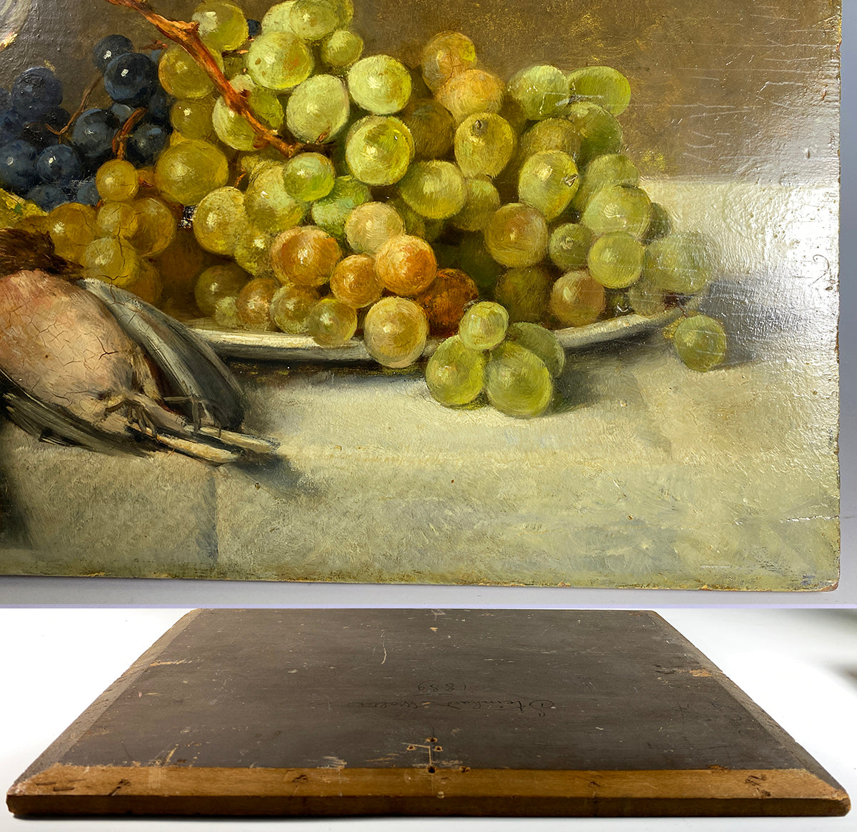 Superb Antique Nature Morte, Still Life Oil Painting on Board, Signed by Artist, Birds Fruit