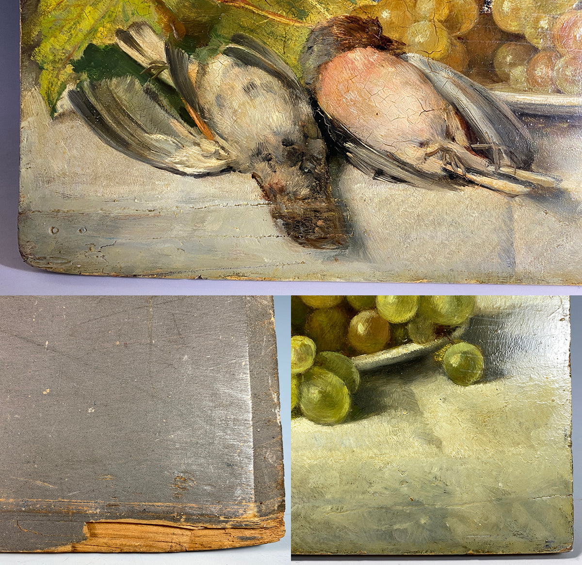 Superb Antique Nature Morte, Still Life Oil Painting on Board, Signed by Artist, Birds Fruit