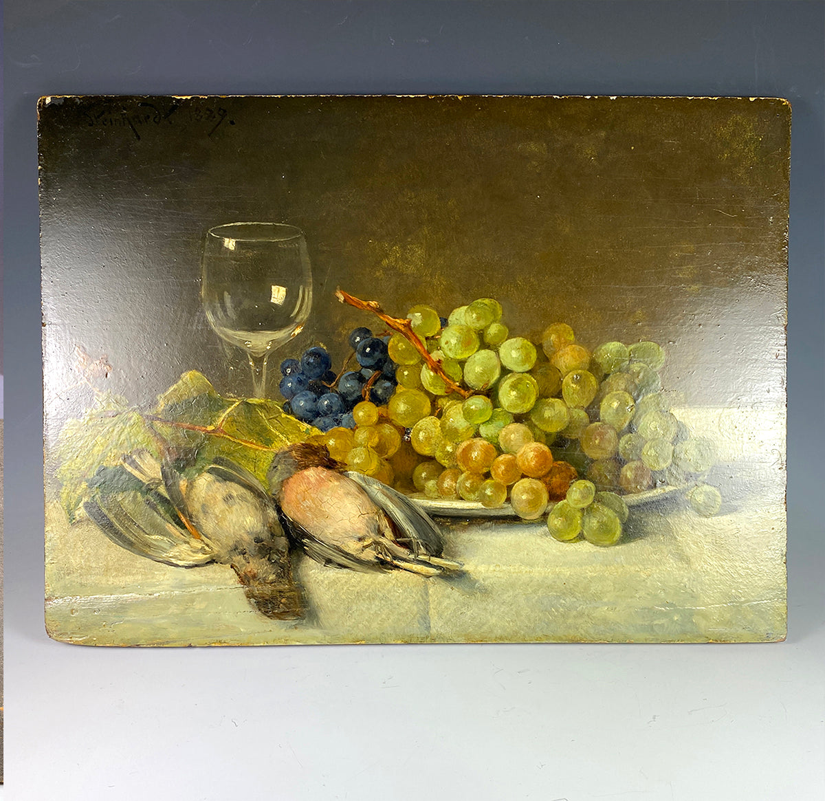 Superb Antique Nature Morte, Still Life Oil Painting on Board, Signed by Artist, Birds Fruit