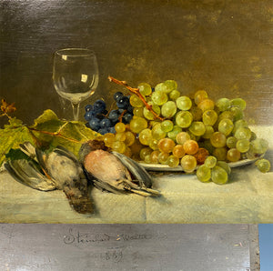 Superb Antique Nature Morte, Still Life Oil Painting on Board, Signed by Artist, Birds Fruit