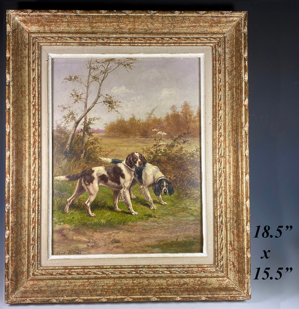 Superb Oil Painting on Wood Panel, Hunting Dogs, Spaniels in Wild, Frame is Wood, Albert Williams, British Artist