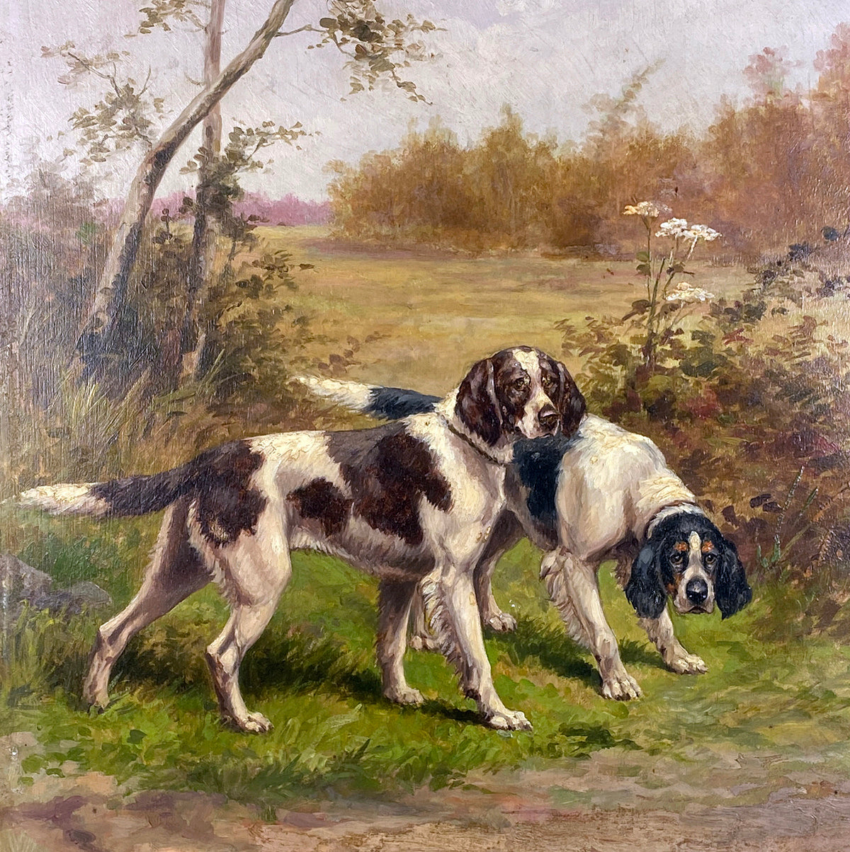 Superb Oil Painting on Wood Panel, Hunting Dogs, Spaniels in Wild, Frame is Wood, Albert Williams, British Artist