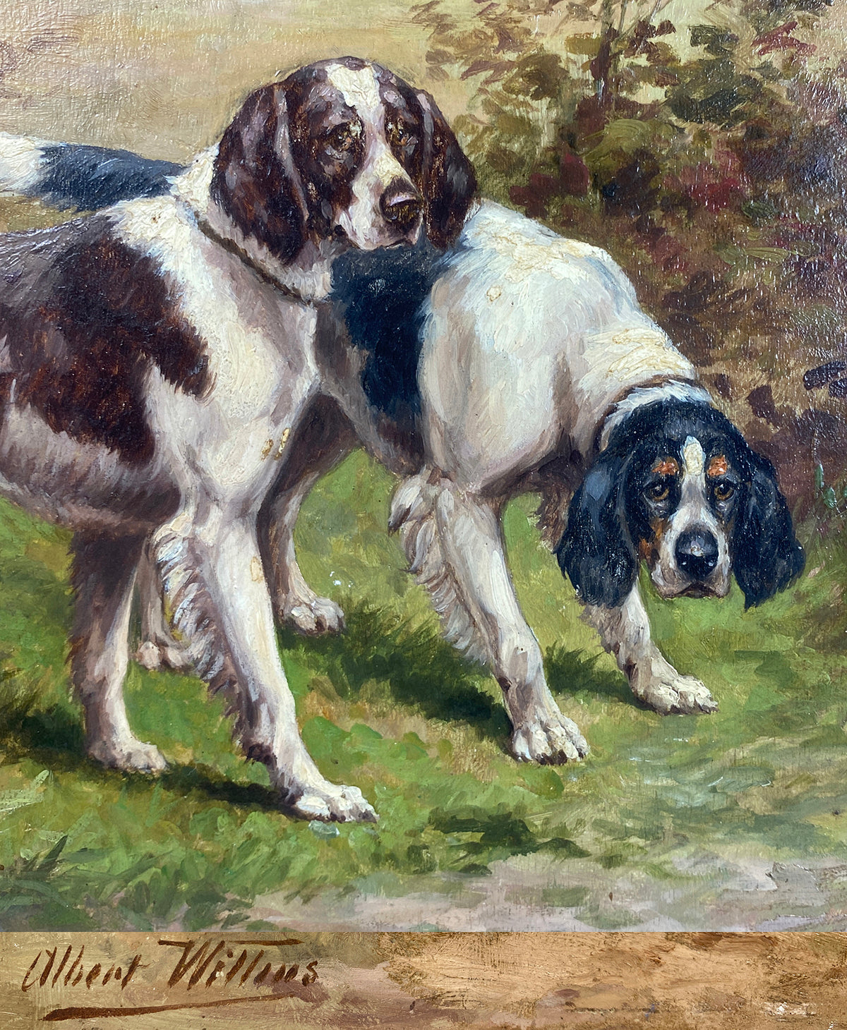 Superb Oil Painting on Wood Panel, Hunting Dogs, Spaniels in Wild, Frame is Wood, Albert Williams, British Artist