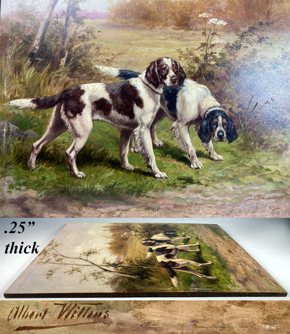 Superb Oil Painting on Wood Panel, Hunting Dogs, Spaniels in Wild, Frame is Wood, Albert Williams, British Artist