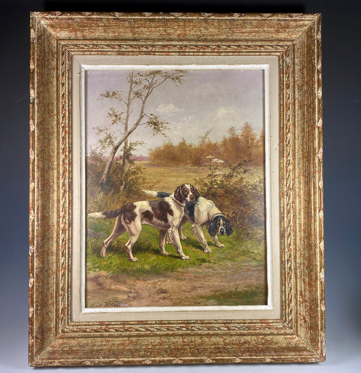 Superb Oil Painting on Wood Panel, Hunting Dogs, Spaniels in Wild, Frame is Wood, Albert Williams, British Artist