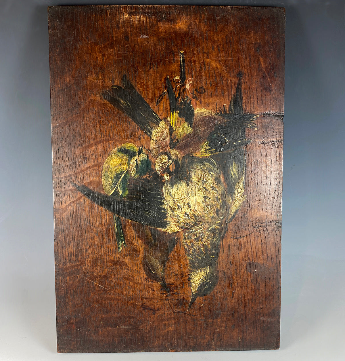 Set of 4 Antique French Oil Paintings on Wood Board, Nature Morte, Still Life, Trompe-l'œil Game Birds