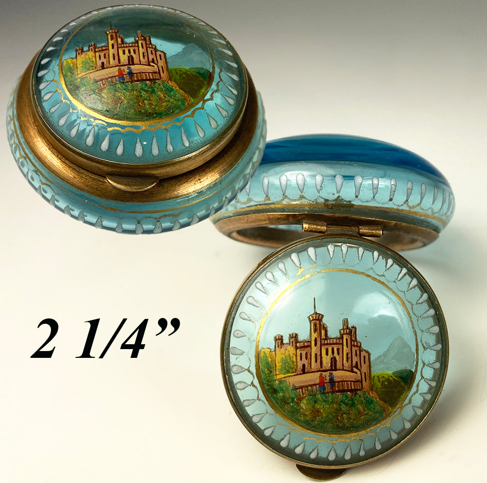 Antique Grand Tour Souvenir Patch Box, Bohemian Glass Trinket Box, Painted Castle on Glass