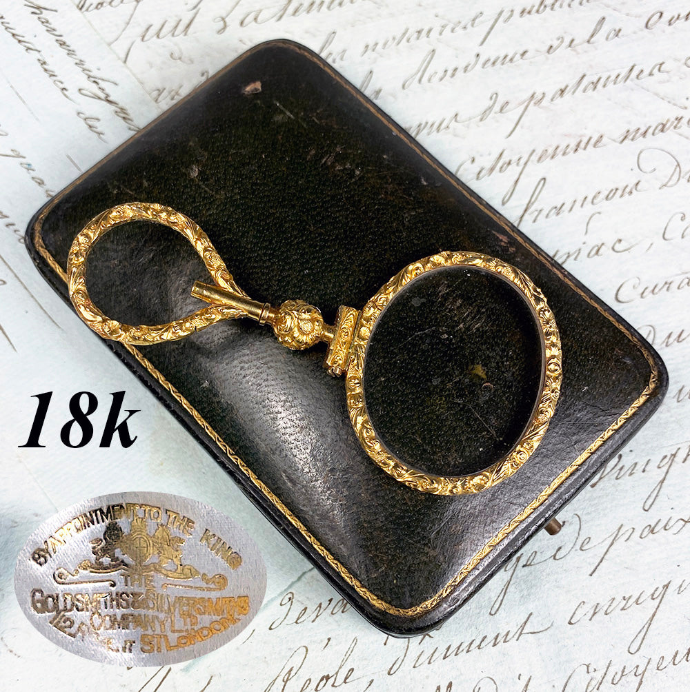 Superb Georgian 18k Gold Quizzing Glass, Original Box, Case, Magnifying Glass, Pendant, c.1700s