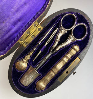 Antique French Sewing Etui, Case or Box in Kingwood, Tools are .800 Silver with 18k Vermeil, Complete