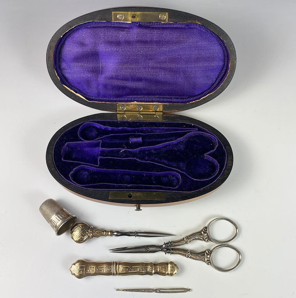 Antique French Sewing Etui, Case or Box in Kingwood, Tools are .800 Silver with 18k Vermeil, Complete