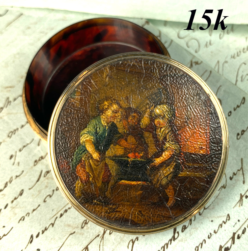 Fine 18th C. French Vernis Martin and 15k + Gold Snuff Box, Children, Rooster, c.1770s