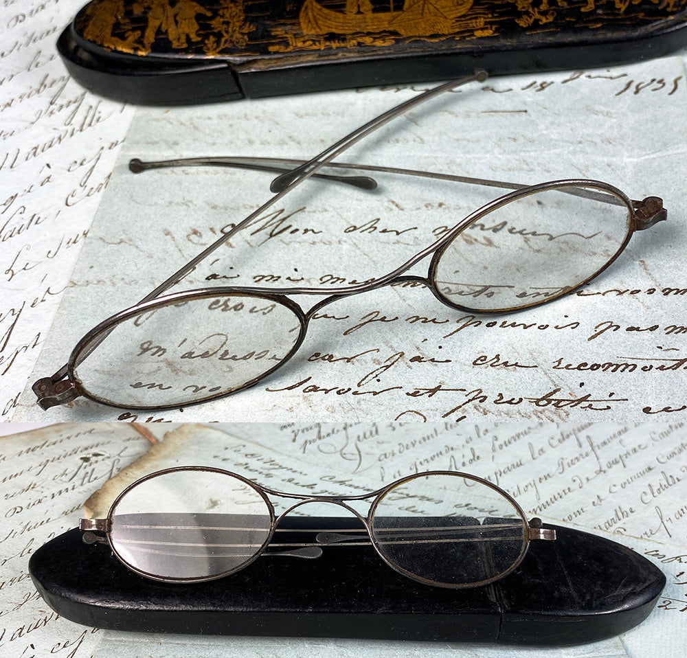 Antique c.1780-1830 Sterling Silver Folding Spectacles, Gold Painted Figural Etui, Case, Papier Mache