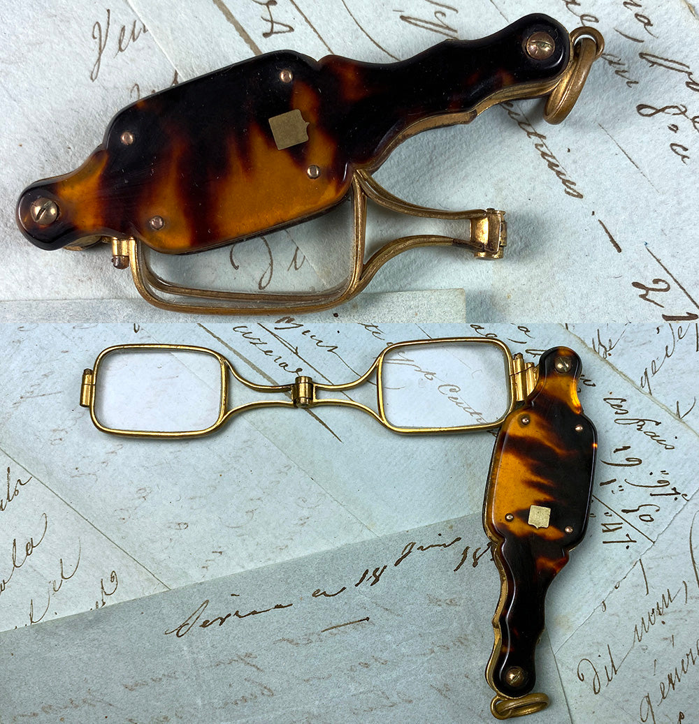 Antique French Folding Tortoise Shell Lorgnette, Spectacles, Reading Glasses, Case, Etui