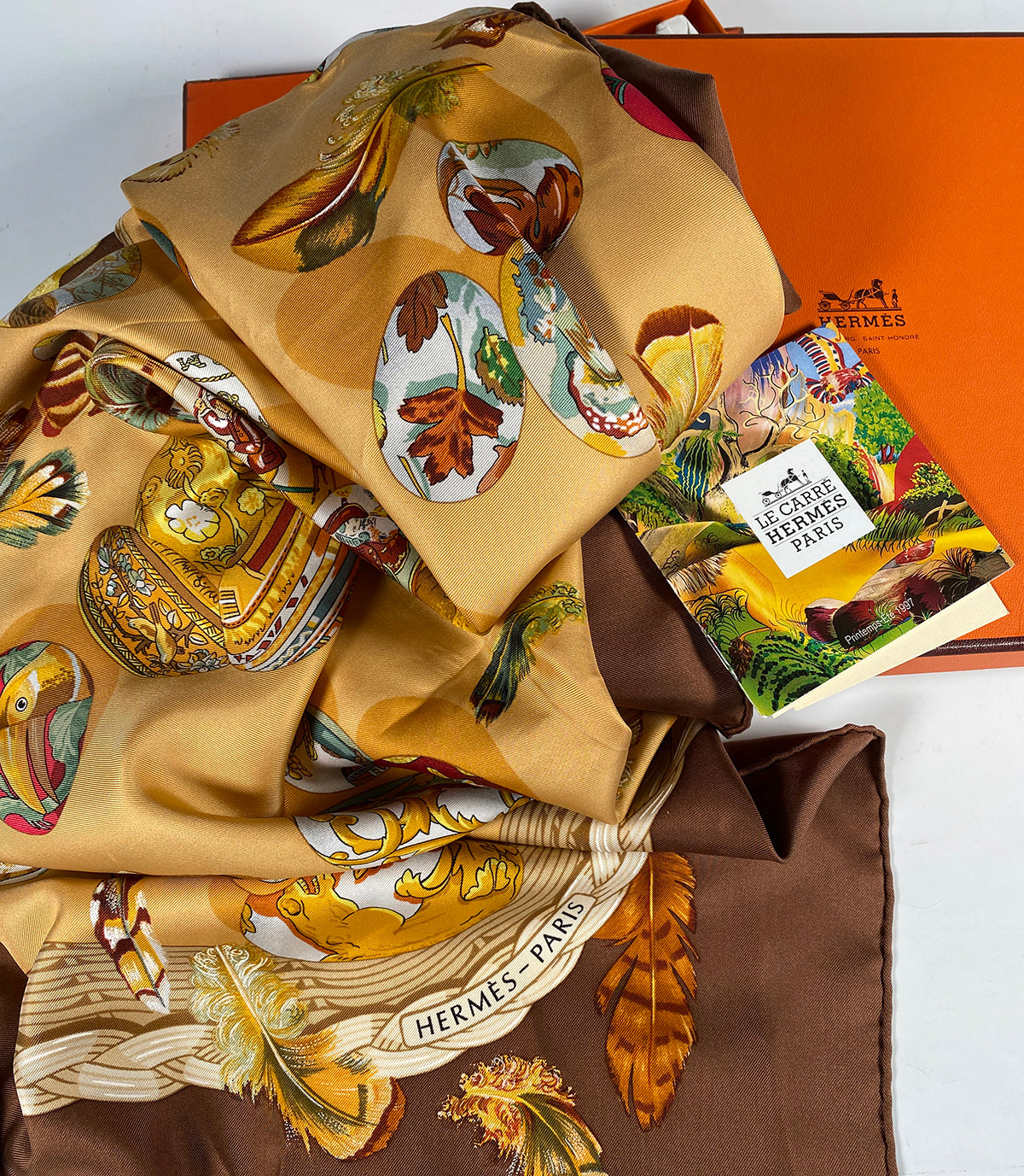 A SILK HERMES SCARF IN THE ORIGINAL BOX, FRANCE, OF RECENT