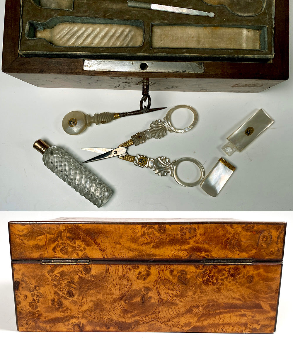 Antique French Palais Royal Sewing Box, Burl Casket, 18k Gold, Mother of Pearl Tools, c.1820s
