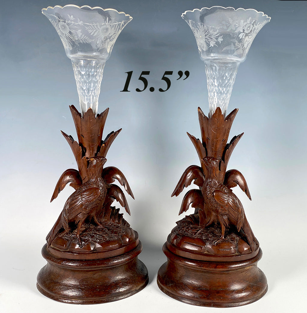 Large 15.5" Pair Antique Swiss Black Forest Carved Epergne Stands, Pheasants and Bohemian Glass